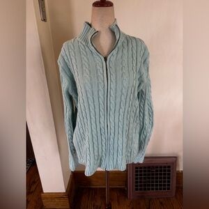 LL BEAN 100% cotton cable knit zip up cardigan sweater. Light blue/green color.
